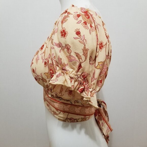 Rusttydustty top Large floral print cropped puff sleeve cutout tie back boho - Picture 2 of 13